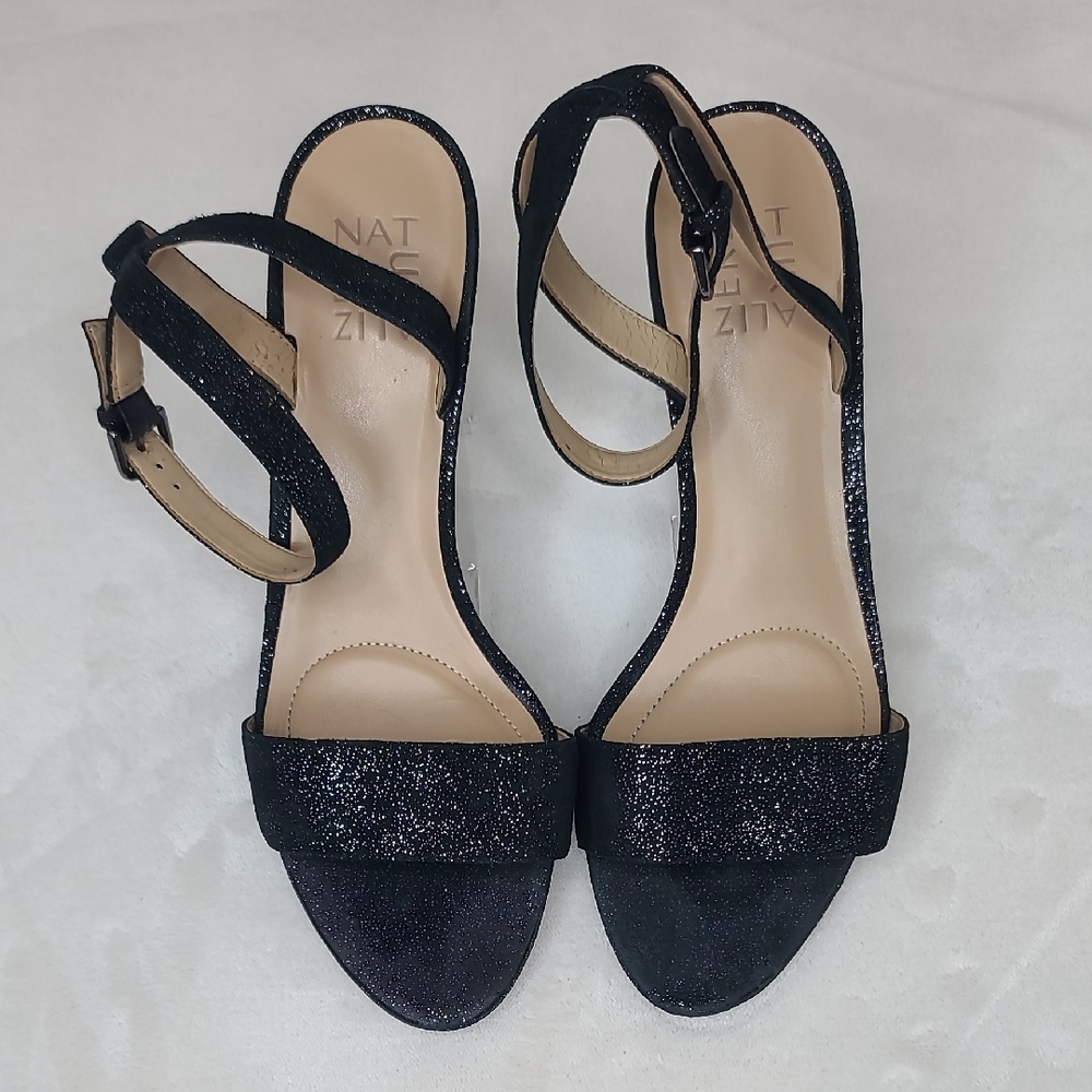 Naturalizer Tinda Glittery Suede Leather Strappy Kitten Heel Sandals/Pump Black